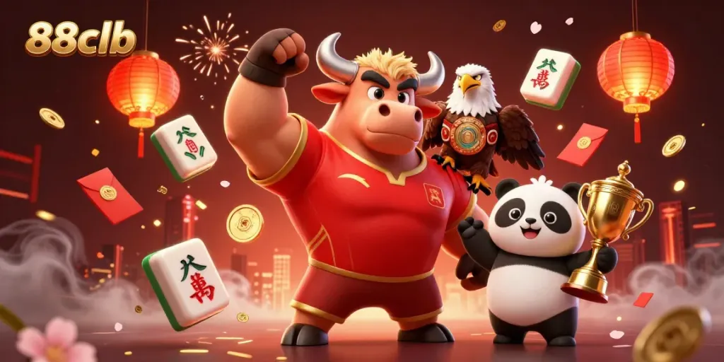 Engage in the excitement of 88clb with a victorious bull, eagle, and panda celebrating amidst festive casino elements.