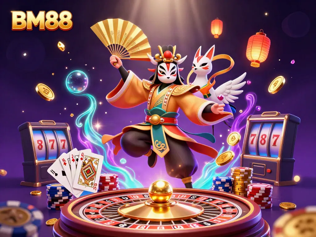 BM88 players engage with vibrant casino elements in an enchanting, energetic scene.