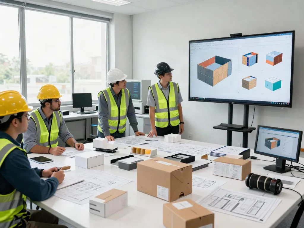Engineers collaborating on customized packaging solutions design in an industrial workspace.