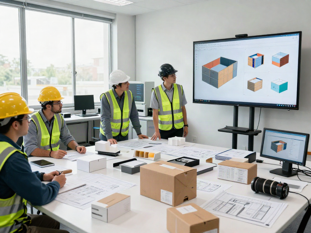 Engineers collaborating on customized packaging solutions design in an industrial workspace.