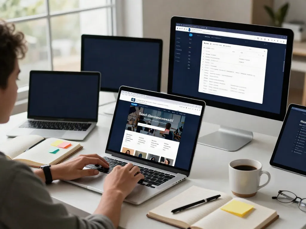 Person accessing 최신주소 in a modern workspace with multiple screens.