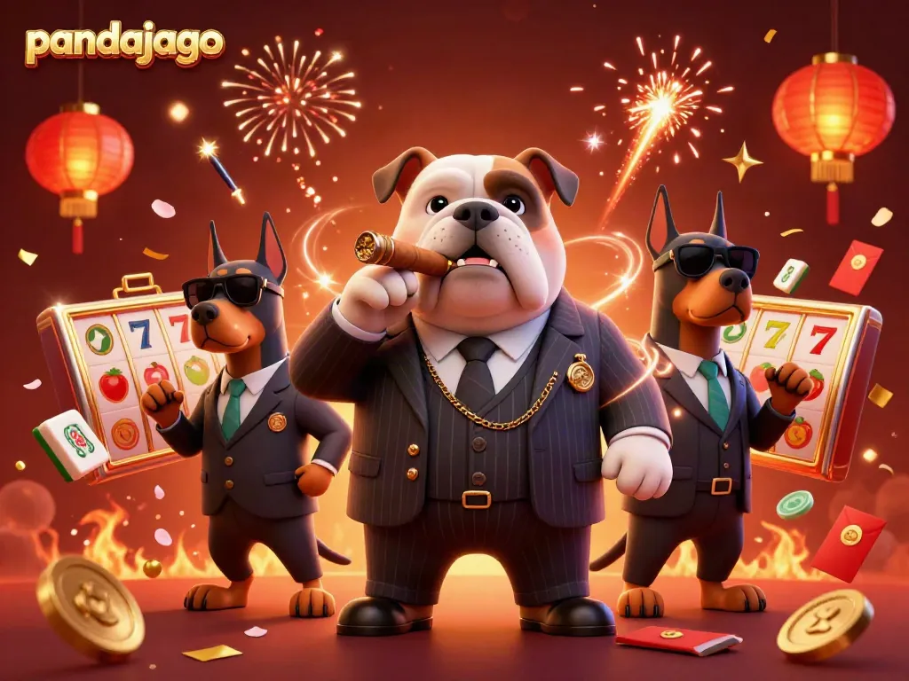 Gambarkan aksi kasino pandajago dengan mafia bulldog dalam setelan pinstripe dan slot reels berputar.
