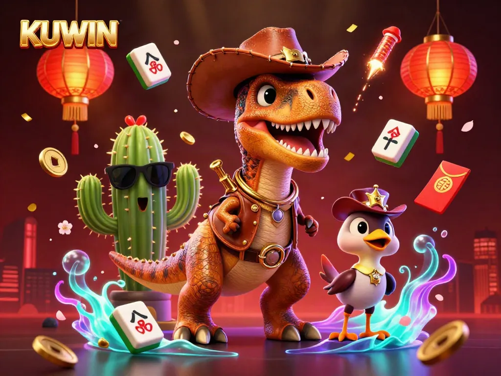 Engage with KUWIN's thrilling casino adventures featuring cartoon characters in a vibrant atmosphere.