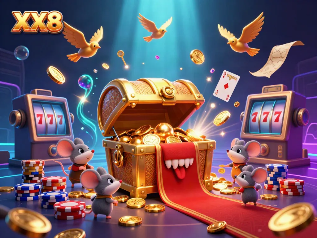 Engage players in XX8 with a treasure-filled scene of golden coins and vibrant casino elements.
