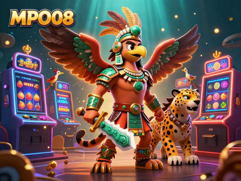Experience MPO08 with vibrant slot machines, Aztec warriors, and plush game elements in a rich gaming atmosphere.