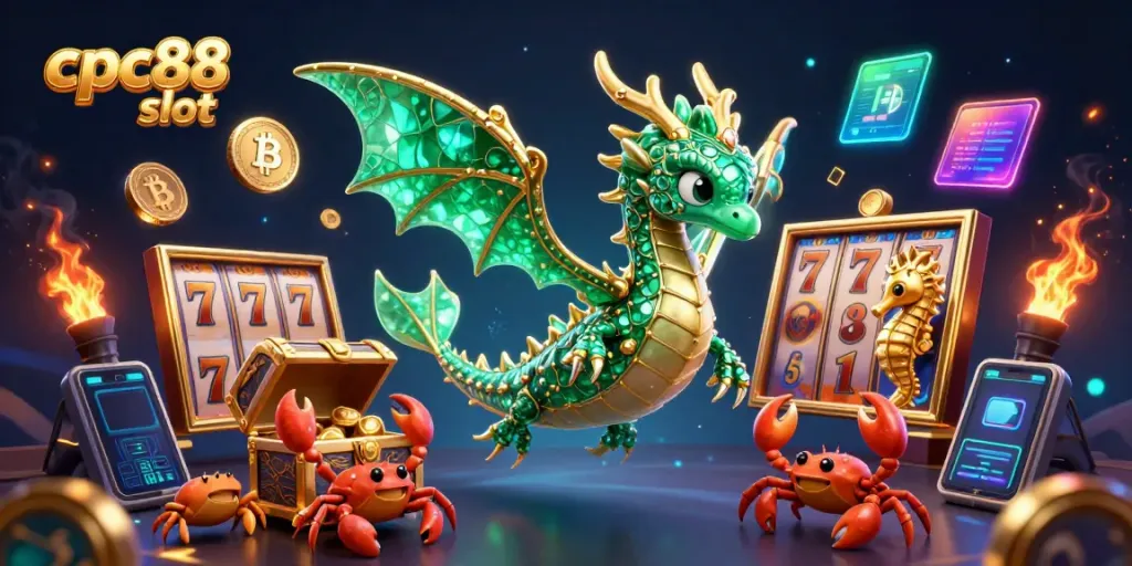 Play thrilling cpc88 slot games featuring vivid 3D characters, slot reels, and crypto elements.