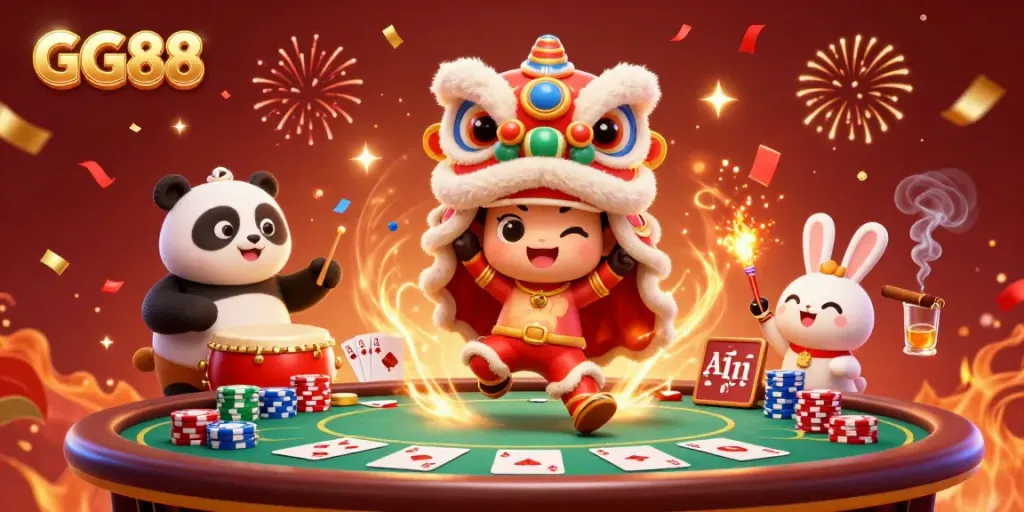 Experience GG88's vibrant casino scene with a lion dance, poker chips, and festive decorations.