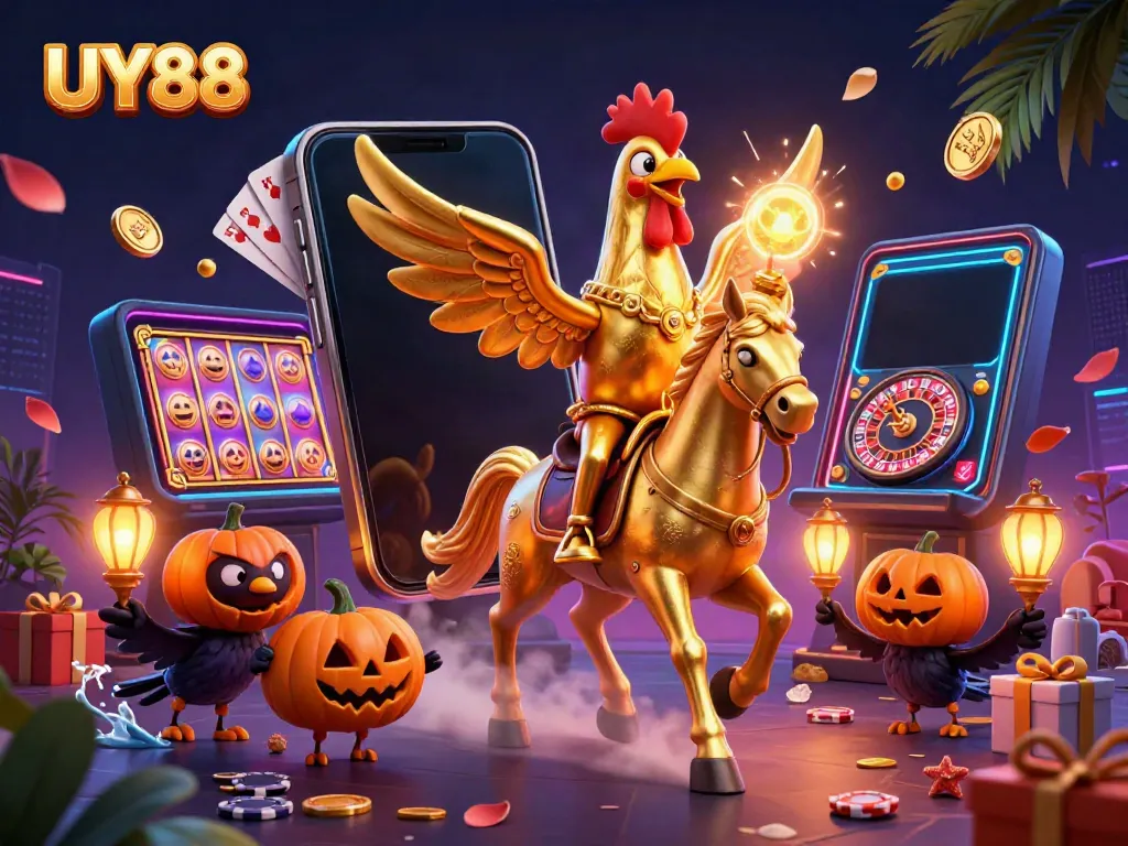 Play at UY88 with vibrant gaming scene featuring a golden rooster headless horseman and exciting casino elements.