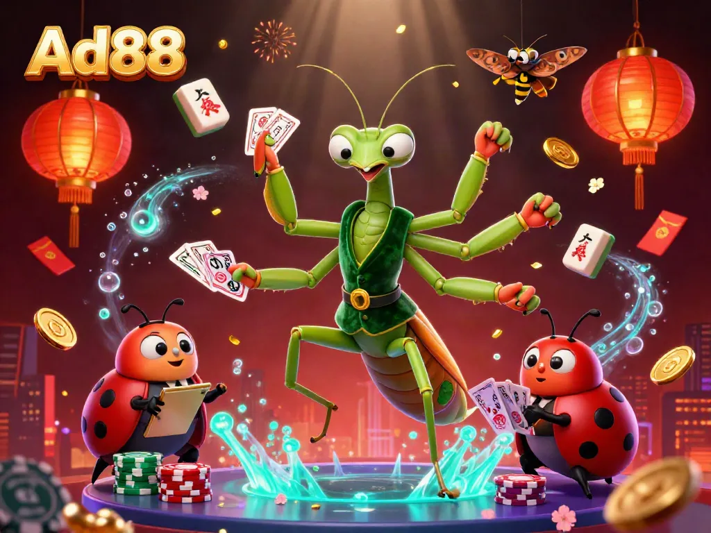 Experience thrilling moments at Ad88 casino with a giant mantis card sharp dealing games in a festive scene.