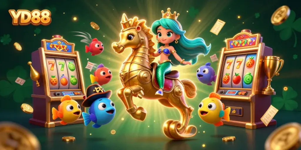 Experience vibrant gaming thrills at YD 88 with animated mermaid and seahorse amidst dynamic casino elements.
