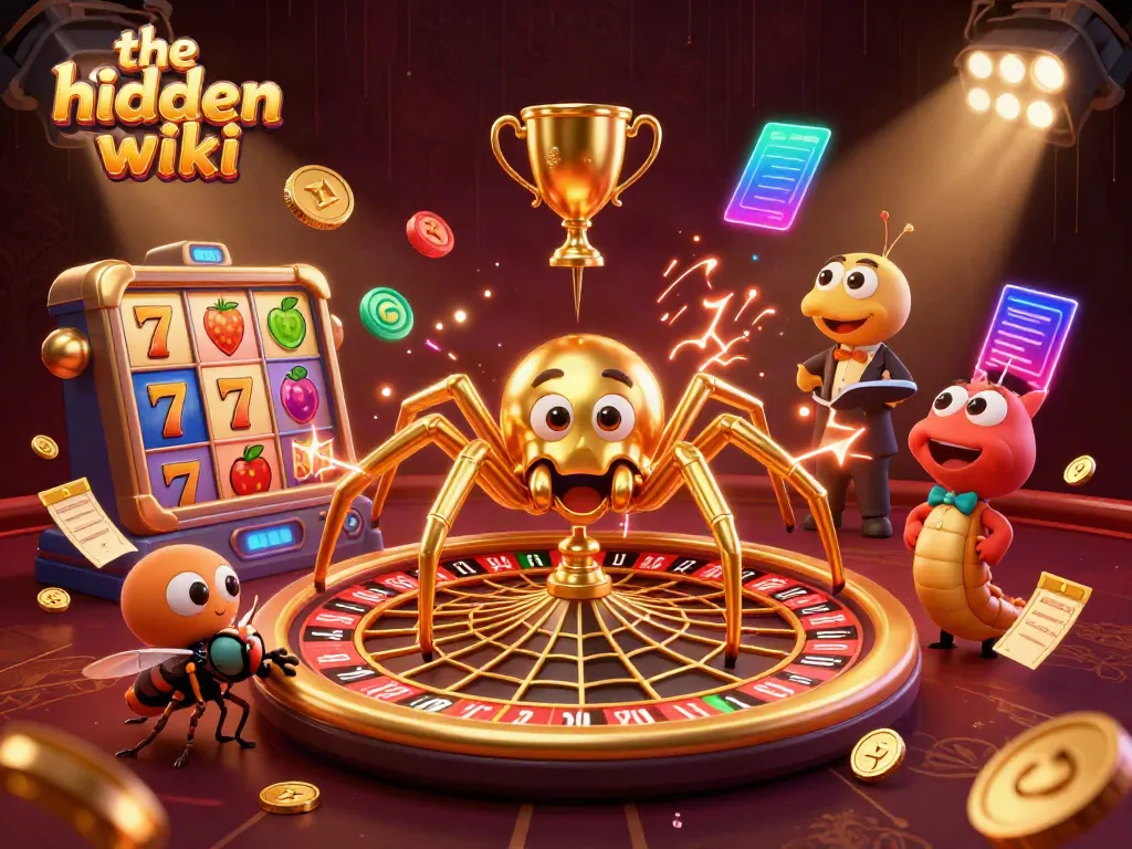 Engage with the hidden wiki in a vibrant 3D illustration showcasing a golden spider and roulette-themed casino elements.