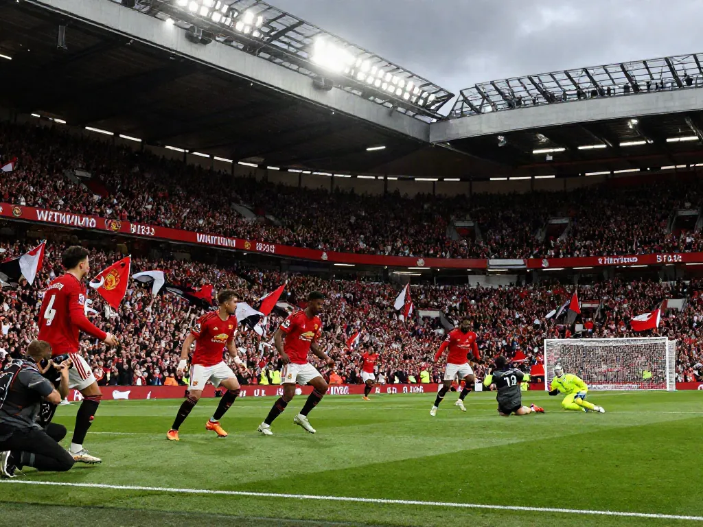 Manchester United vs Liverpool match scene, showcasing energetic fans and intense gameplay.