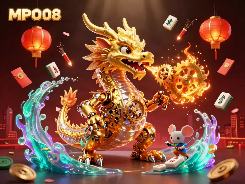 MPO08’s golden dragon illustration breathing gears in a vibrant casino scene