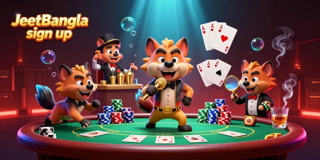 Experience the excitement of JeetBangla sign up with animated hyenas in a vibrant casino setting.