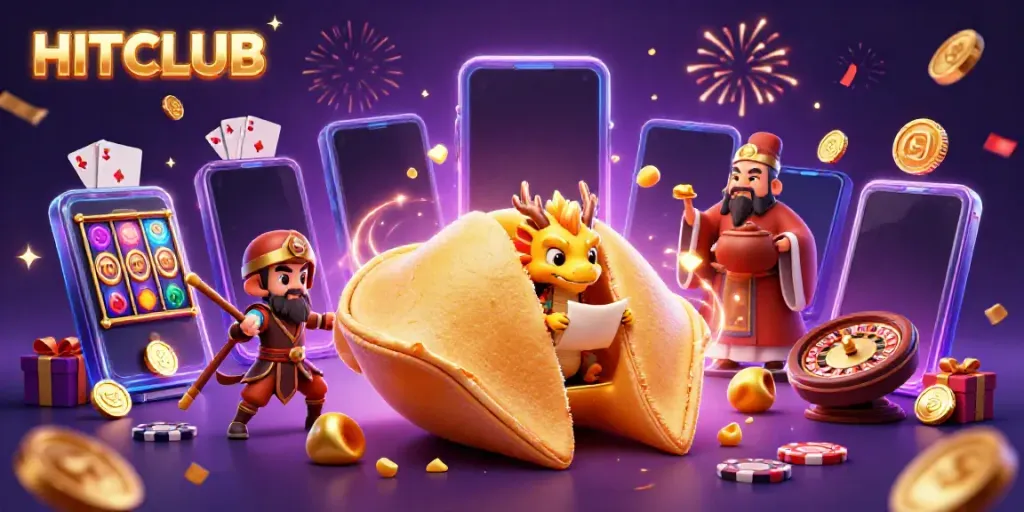 Engage with HITCLUB's thrilling casino experience featuring a vibrant 3D scene of fortune and excitement.