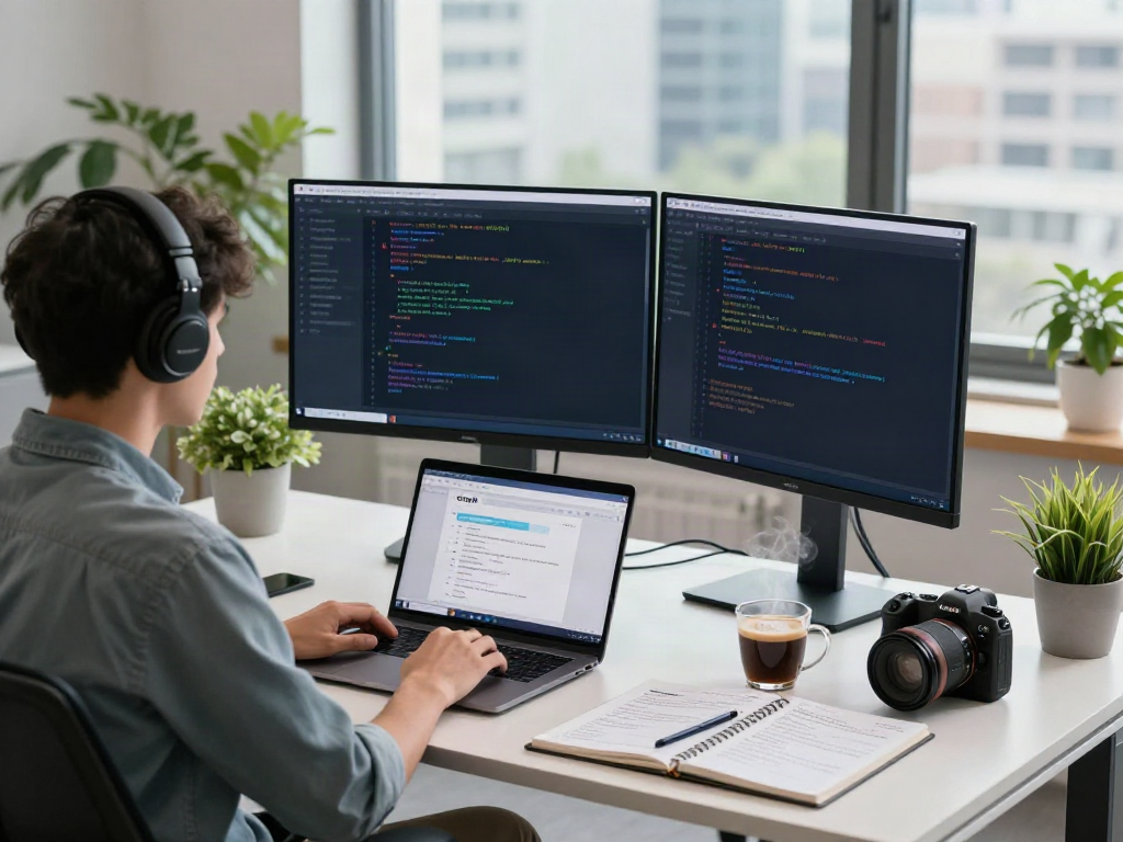 Developer focused on v2rayN software in a modern tech workspace featuring dual monitors and coffee.