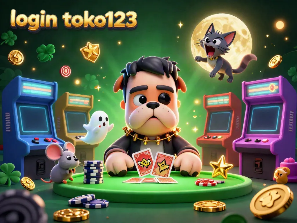 Win with login toko123 at a spooky casino table with vibrant characters and colorful game elements.