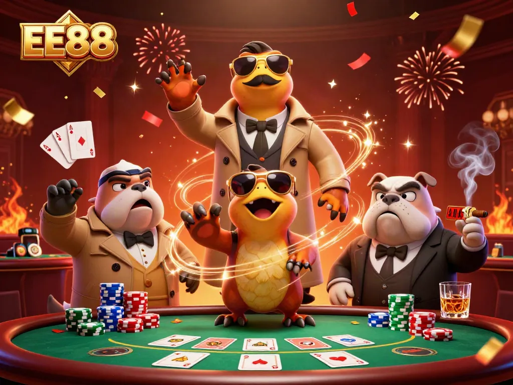 Raptors at EE88 casino entrance, showcasing poker elements and vibrant ambiance.