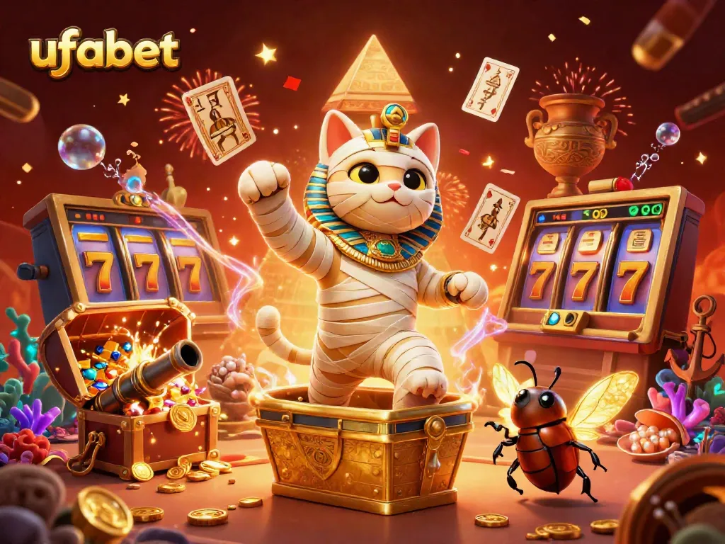 Experience thrilling action with ufabet in this vibrant 3D scene featuring a mummy cat and treasures.