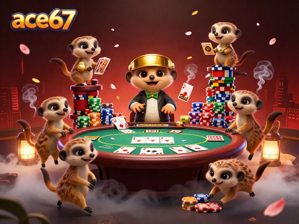Experience the thrill at ace67 featuring a lively meerkat casino operation with poker and vibrant chips.