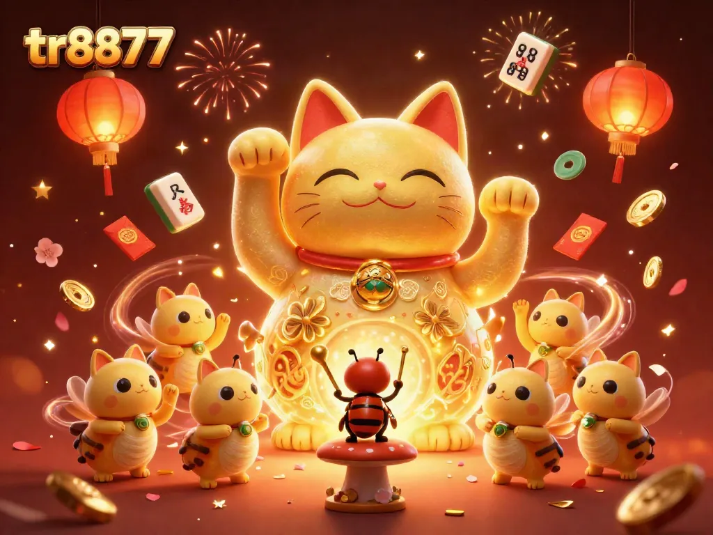 Experience thrilling gameplay with TR8877's vibrant 3D lucky cat and casino symbols, celebrating luck and prosperity.