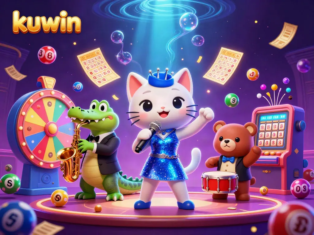 Experience the excitement at Kuwin Casino with vibrant characters and lottery elements in a dynamic scene.