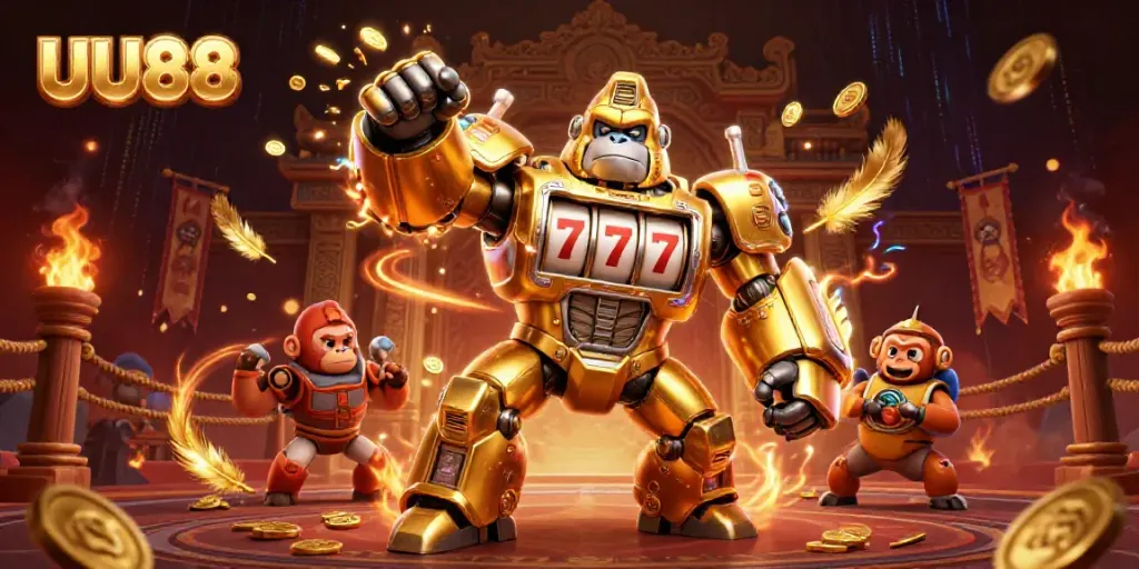 Experience thrilling slot action with UU88's dynamic illustration featuring a golden gorilla mech.