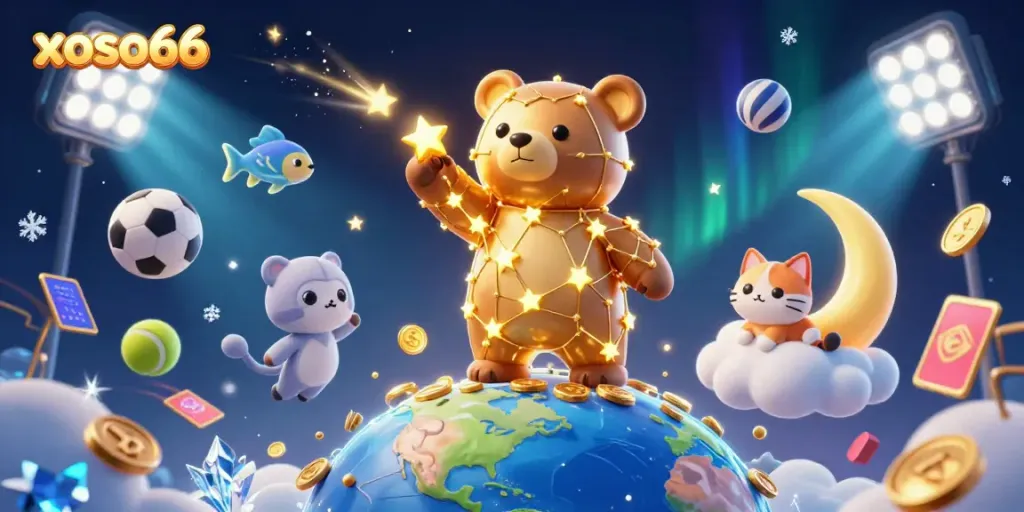 Experience the magic of xoso66 as a constellation bear scoops coins amidst dazzling games.