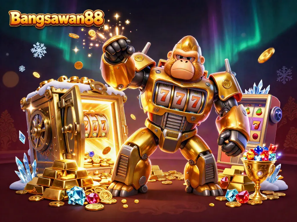 Bangsawan88 showcases an exciting online casino experience with a golden gorilla mech and vibrant elements symbolizing jackpots and slots.