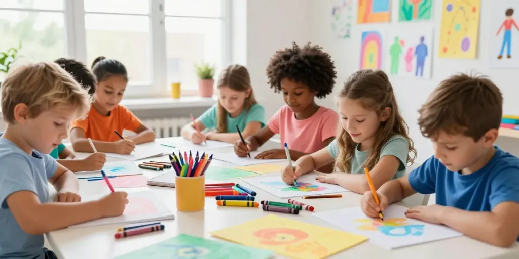 Creative children using various crayon types in a bright art studio, showcasing crayon manufacturers' products in action.
