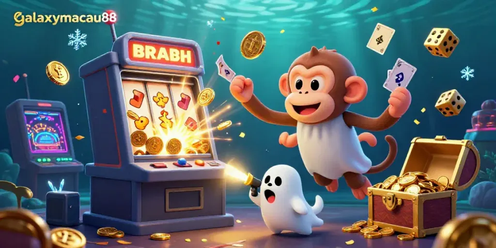 Experience the magic of galaxymacau88 with a playful scene of a poltergeist monkey and ghost-hunter puppy in a vibrant casino.