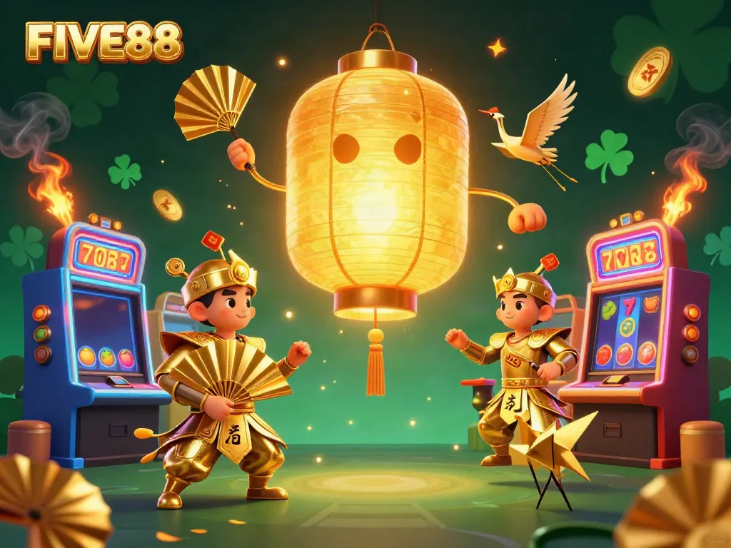 Experience the excitement of slot games with FIVE88, featuring dynamic golden lanterns and casino elements.