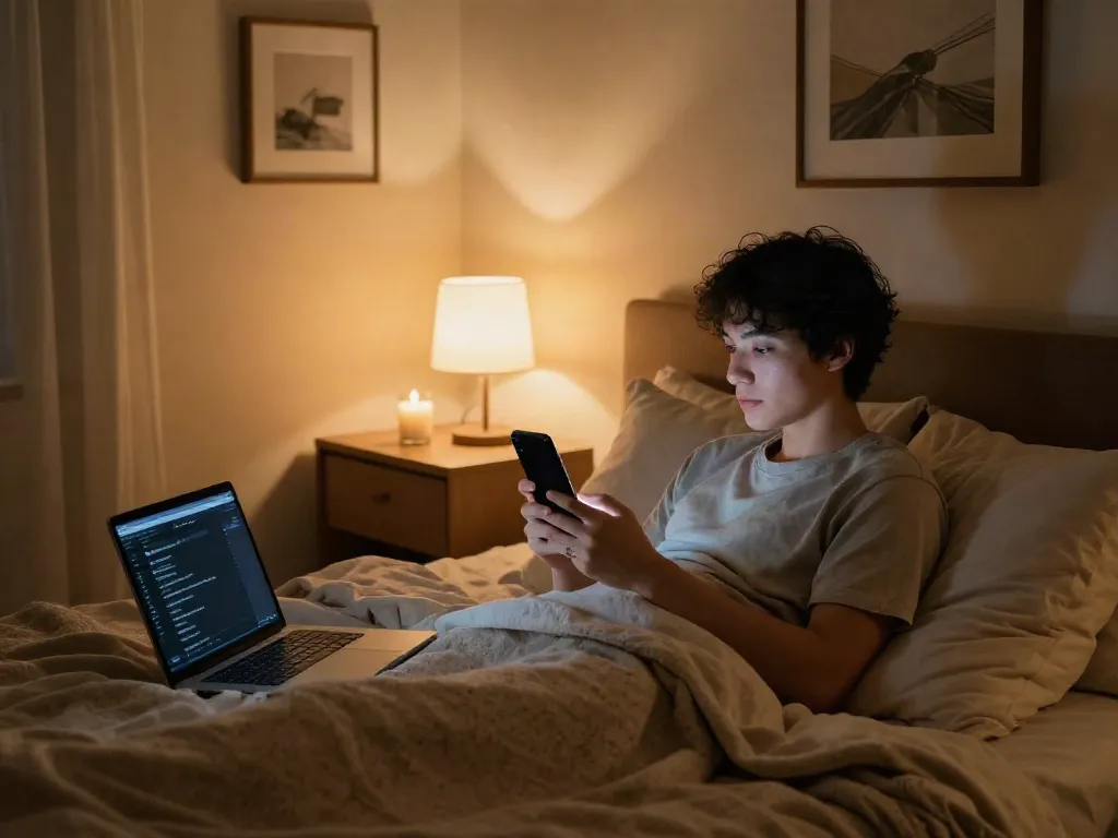 Engaging in ai sexting in a cozy bedroom setting with warm lighting.
