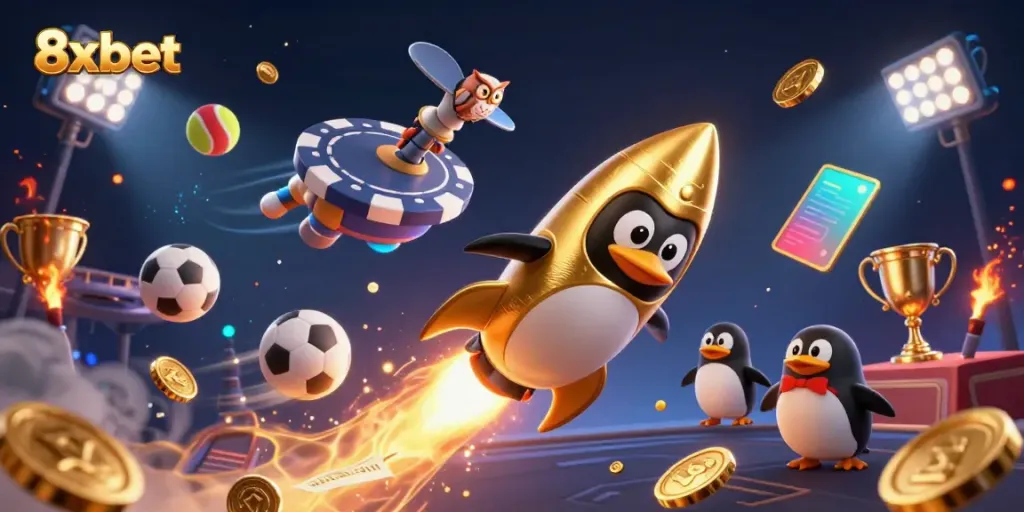 Experience thrilling action with 8xbet's animated rockets and casino elements enhancing your gaming adventure.