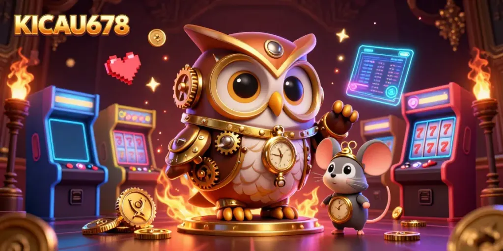 KICAU678 showcases vibrant casino-themed 3D illustrated characters, featuring an owl, a mouse, slot reels, and arcade games.