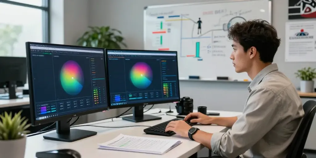 Tennis prediction algorithm analysis scene in a modern analytics lab with real-time statistics and strategic insights.