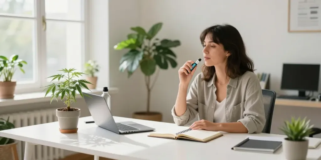 sg vape delivery with premium CBD vape pen, hemp plant, and wellness planner in a modern workspace setting.