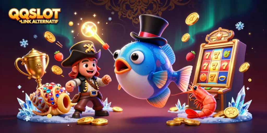 Engage with QQSLOT LINK ALTERNATIF as a vibrant cartoon scene of lucky anglerfish and treasure, filled with casino elements.