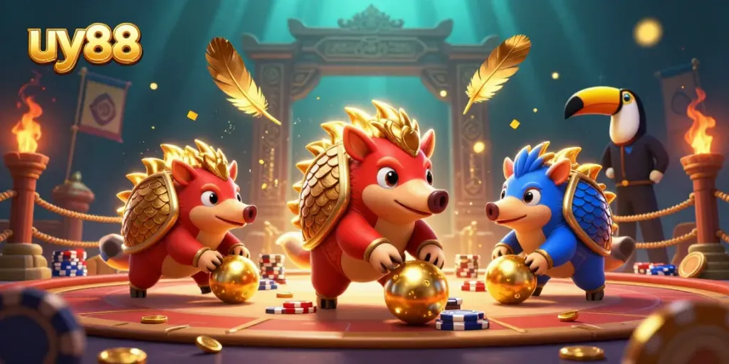 Immerse in the fun of uy88 with rival pangolins battling through golden chips and confetti in a casino arena.