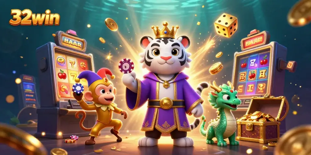 32win casino game extravaganza with lucky characters, vibrant slot machines, and golden treasures.