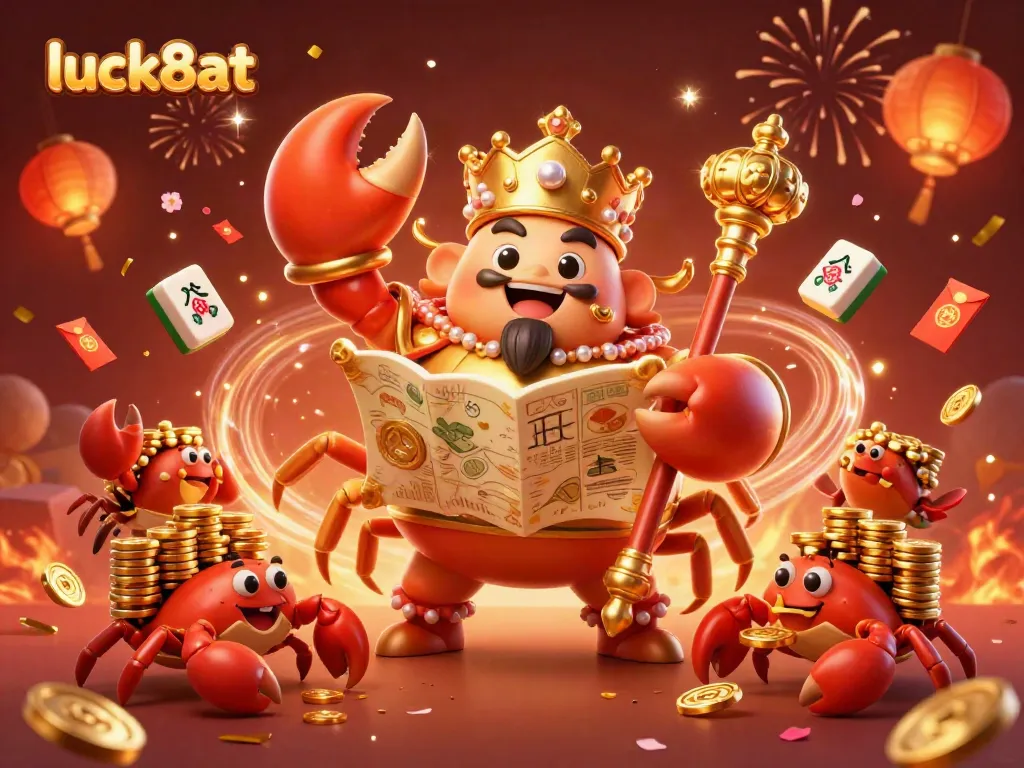 Engage with luck8at's thrilling casino experience featuring a golden crab emperor amidst vibrant celebrations.