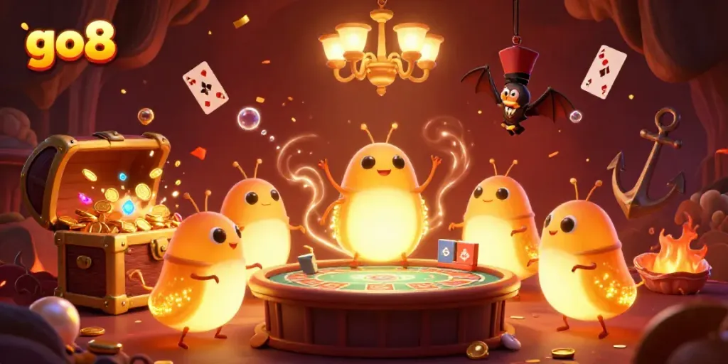 Experience the vibrant go8 casino with glowing creatures illuminating the action and treasures.