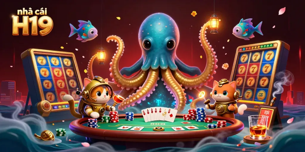 Experience the excitement of nhà cái H19 with this vibrant 3D scene of a kraken and poker elements.