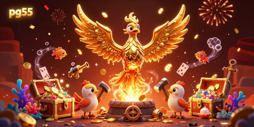 Engage with pg55's thrilling fantasy gambling scene featuring a molten phoenix and treasure-filled coral.