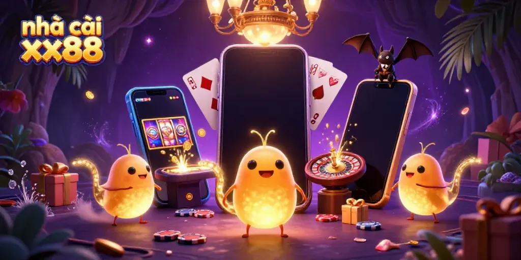 Engage with the vibrant world of nhà cái xx88 with glowworms and a bat dealer in an energetic casino scene.