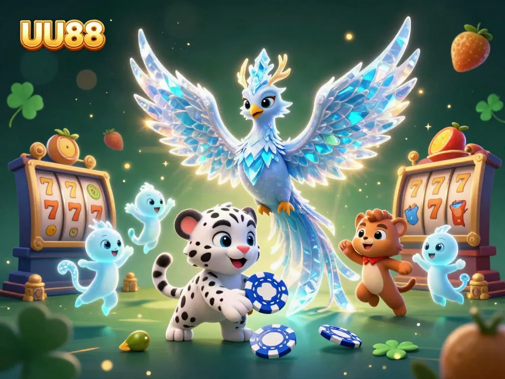 Engage in exciting gaming with UU88, as an ice phoenix and snow leopard celebrate with jackpots and glowing sprites.