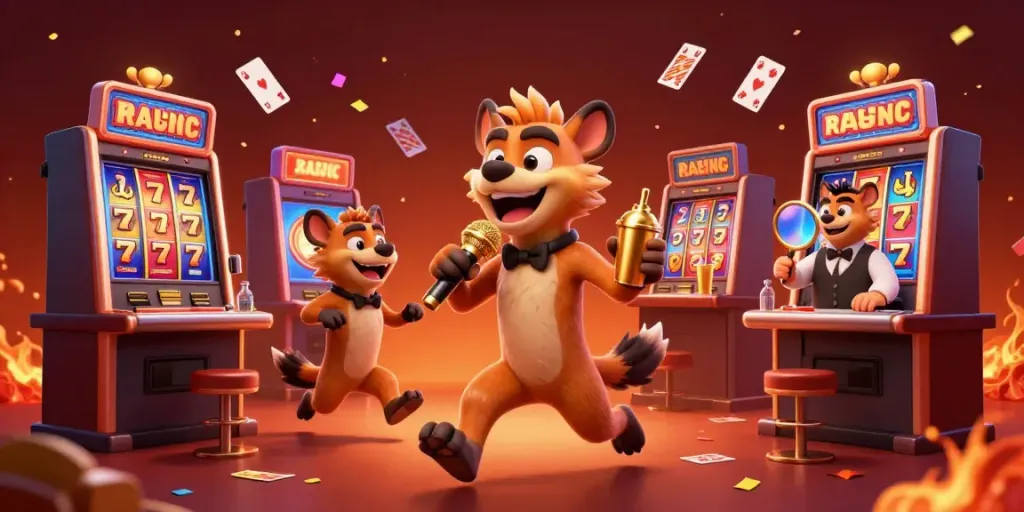 MANTIS88 hyenas delivering jokes and mixing drinks in a vibrant casino setting