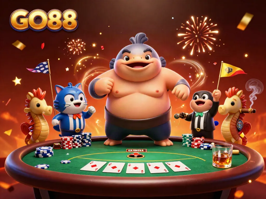 Experience thrilling moments at GO88 with this vibrant 3D cartoon gambling scene featuring poker action and festive atmosphere.