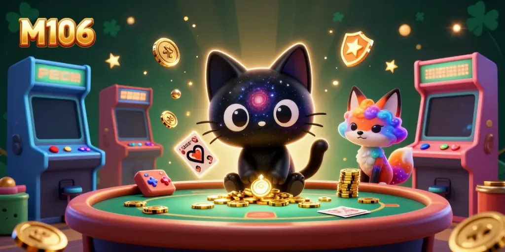 Experience M106's cosmic casino magic with a black hole cat and nebula fox drawing in golden chips.