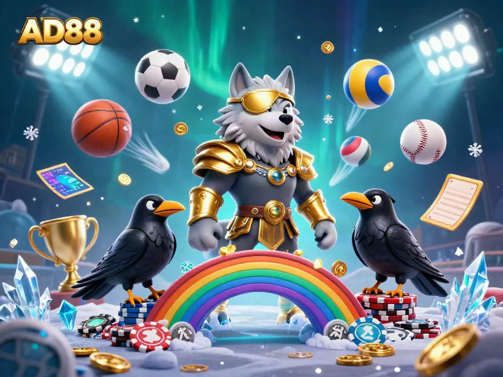 AD88 showcases Odin with ravens and casino elements in a vibrant 3D illustration.